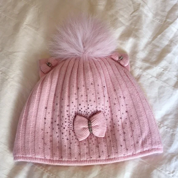 Kitty Cat Ear Beanie Hat With Fox Fur Pom Pom - Picture 7 of 10